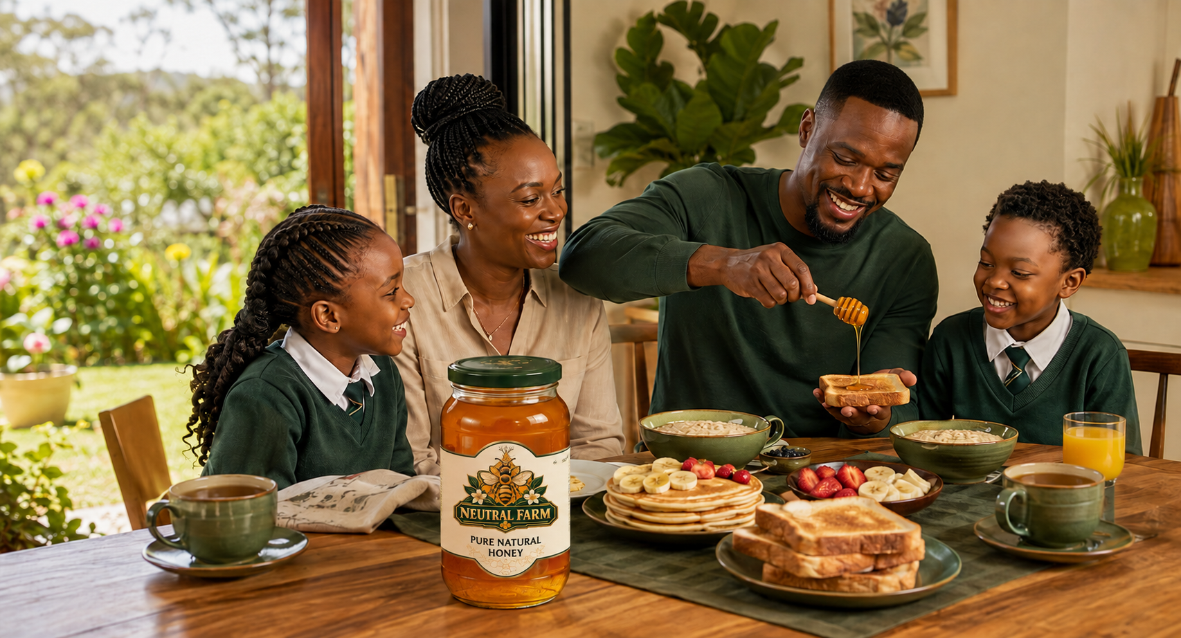 A Kenyan family enjoying Neutral Farm pure natural honey together at breakfast