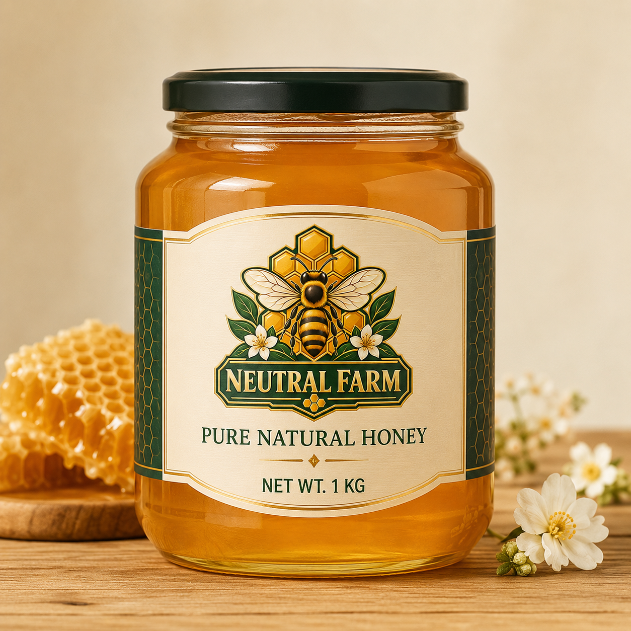 Front view of Neutral Farm pure natural honey in a premium glass jar