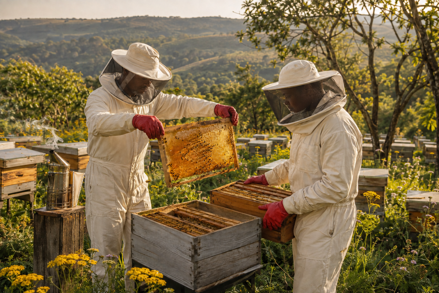 Neutral Farm beekeeper harvesting a golden honeycomb frame among beehives in Limuru